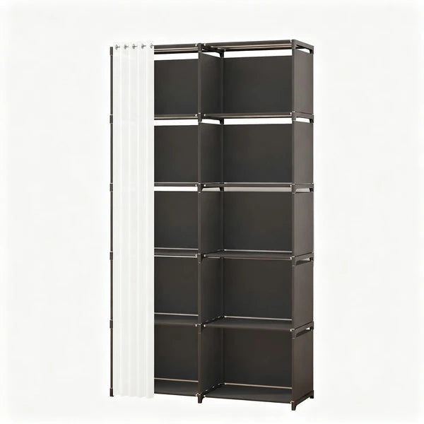 10-Cube Storage Closet Organizer with Curtain, DIY Modular Clothes Wardrobe Cabinet, Freestanding Metal Frame Shelving Unit for Bedroom Clothes Storage, 61.1"H x 30.8"W x 10.9"D, Black