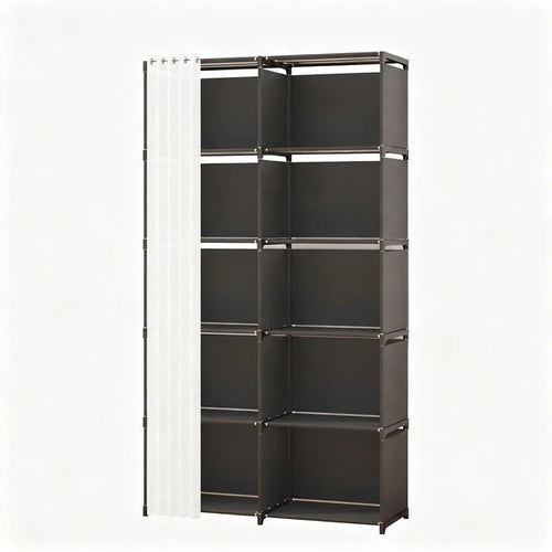 10-Cube Storage Closet Organizer with Curtain, DIY Modular Clothes Wardrobe Cabinet, Freestanding Metal Frame Shelving Unit for Bedroom Clothes Storage, 61.1"H x 30.8"W x 10.9"D, Black
