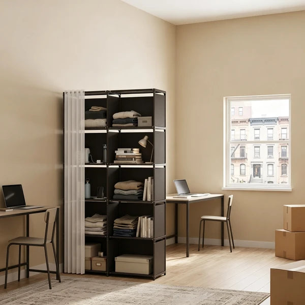 10-Cube Storage Closet Organizer with Curtain, DIY Modular Clothes Wardrobe Cabinet, Freestanding Metal Frame Shelving Unit for Bedroom Clothes Storage, 61.1"H x 30.8"W x 10.9"D, Black