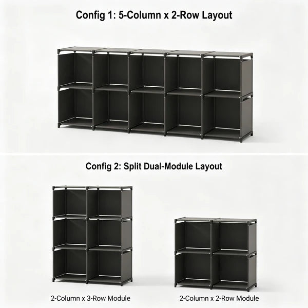 10-Cube Storage Closet Organizer with Curtain, DIY Modular Clothes Wardrobe Cabinet, Freestanding Metal Frame Shelving Unit for Bedroom Clothes Storage, 61.1"H x 30.8"W x 10.9"D, Black