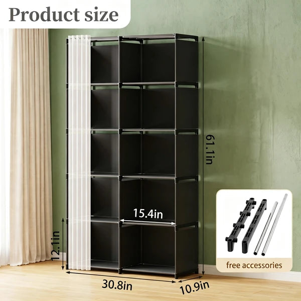 10-Cube Storage Closet Organizer with Curtain, DIY Modular Clothes Wardrobe Cabinet, Freestanding Metal Frame Shelving Unit for Bedroom Clothes Storage, 61.1"H x 30.8"W x 10.9"D, Black