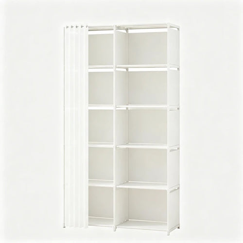10-Cube Storage Closet Organizer with Curtain, DIY Modular Clothes Wardrobe Cabinet, Freestanding Metal Frame Shelving Unit for Bedroom Clothes Storage, 61.1"H x 30.8"W x 10.9"D, White