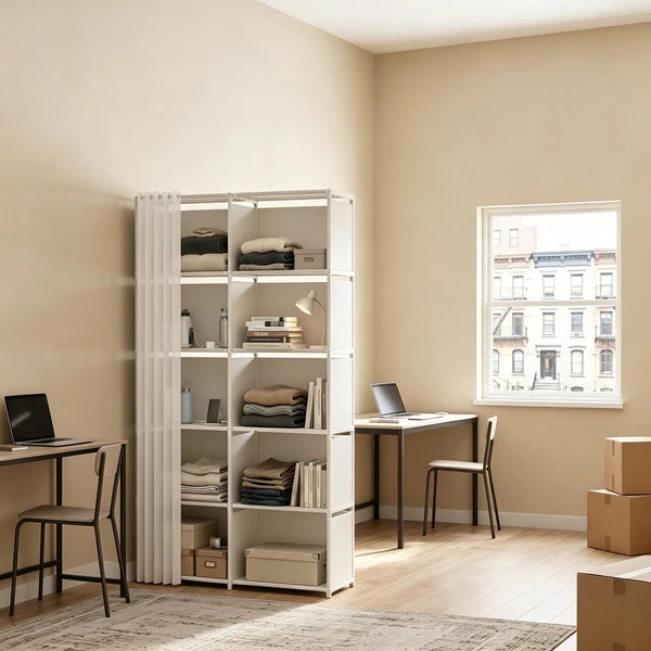 10-Cube Storage Closet Organizer with Curtain, DIY Modular Clothes Wardrobe Cabinet, Freestanding Metal Frame Shelving Unit for Bedroom Clothes Storage, 61.1"H x 30.8"W x 10.9"D, White