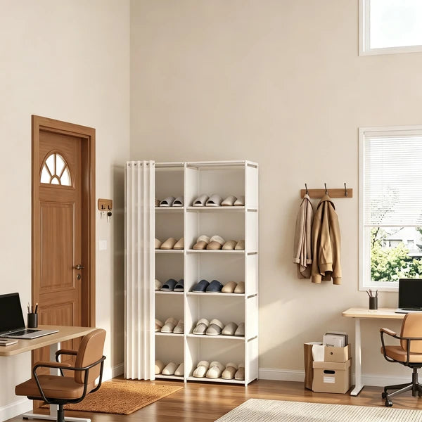 10-Cube Storage Closet Organizer with Curtain, DIY Modular Clothes Wardrobe Cabinet, Freestanding Metal Frame Shelving Unit for Bedroom Clothes Storage, 61.1"H x 30.8"W x 10.9"D, White