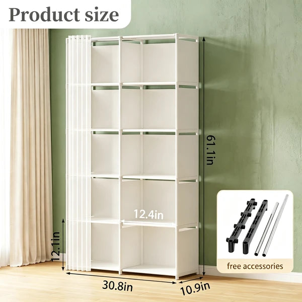 10-Cube Storage Closet Organizer with Curtain, DIY Modular Clothes Wardrobe Cabinet, Freestanding Metal Frame Shelving Unit for Bedroom Clothes Storage, 61.1"H x 30.8"W x 10.9"D, White