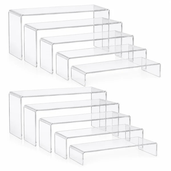 10-Piece Clear Acrylic Display Risers Set, U-Shaped Nesting Stands, 5 Different Sizes, Stair-Step Design for Multi-Purpose Display