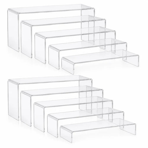 10-Piece Clear Acrylic Display Risers Set, U-Shaped Nesting Stands, 5 Different Sizes, Stair-Step Design for Multi-Purpose Display