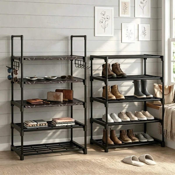 10 Tier Shoe Rack Narrow Shoe Shelf Tall Metal Shoe Storage Organizer for Entryway Closet, Freestanding Boot Rack with Hooks, Holds 20-24 Pairs, Includes Wooden Mallet and Non Slip Gloves