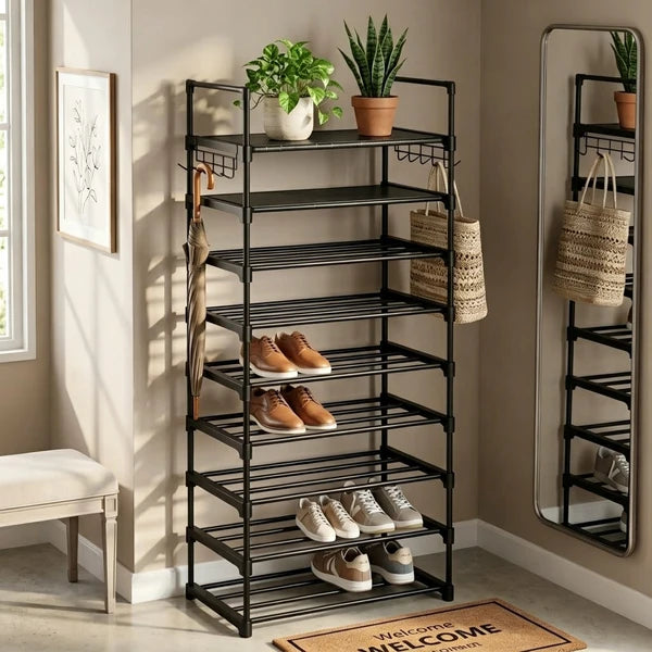 10 Tier Shoe Rack Narrow Shoe Shelf Tall Metal Shoe Storage Organizer for Entryway Closet, Freestanding Boot Rack with Hooks, Holds 20-24 Pairs, Includes Wooden Mallet and Non Slip Gloves