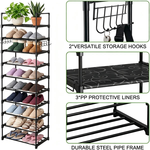 10 Tier Shoe Rack Narrow Shoe Shelf Tall Metal Shoe Storage Organizer for Entryway Closet, Freestanding Boot Rack with Hooks, Holds 20-24 Pairs, Includes Wooden Mallet and Non Slip Gloves