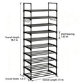10 Tier Shoe Rack Narrow Shoe Shelf Tall Metal Shoe Storage Organizer for Entryway Closet, Freestanding Boot Rack with Hooks, Holds 20-24 Pairs, Includes Wooden Mallet and Non Slip Gloves