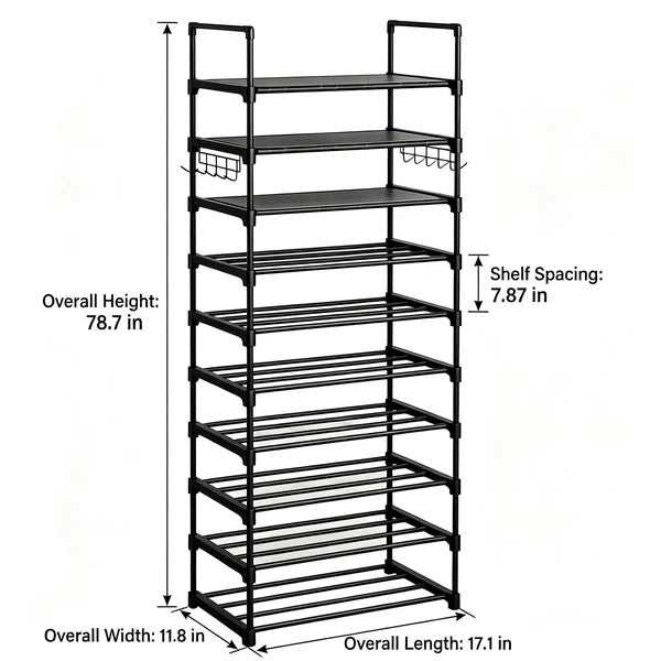 10 Tier Shoe Rack Narrow Shoe Shelf Tall Metal Shoe Storage Organizer for Entryway Closet, Freestanding Boot Rack with Hooks, Holds 20-24 Pairs, Includes Wooden Mallet and Non Slip Gloves