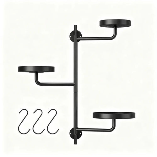 3-Tier Rotating Wall Mount Plant Shelf, Black Metal Swing Arm Plant Stand with Round Trays, Adjustable Wall-Mounted Display Rack for Indoor Plants, Books, Decor, Each Tray Holds Up to 20 LB (17.1 in H