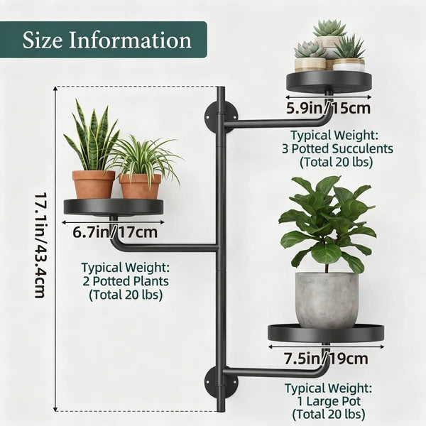 3-Tier Rotating Wall Mount Plant Shelf, Black Metal Swing Arm Plant Stand with Round Trays, Adjustable Wall-Mounted Display Rack for Indoor Plants, Books, Decor, Each Tray Holds Up to 20 LB (17.1 in H