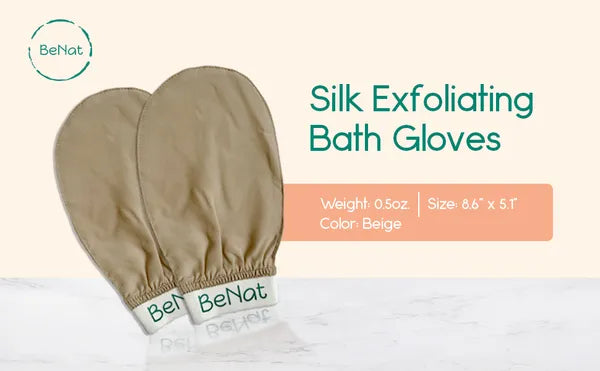 BeNat Natural Silk Exfoliating Bath Gloves - Premium Body Scrub Mitts for Deep Cleansing, Smooth Self-Tanning Prep & Ingrown Hair Removal
