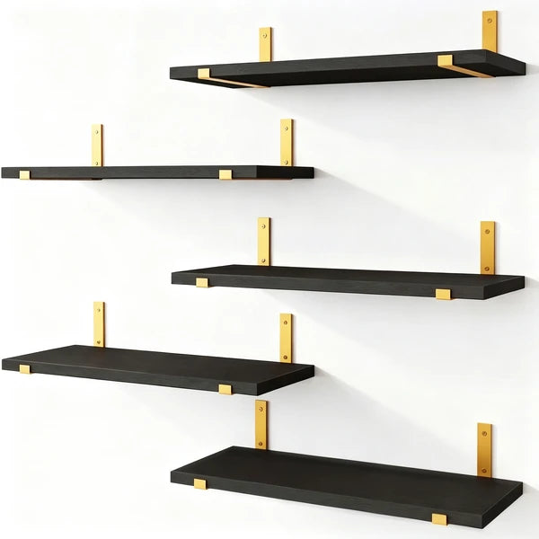 5 Pack Black Floating Shelves with Gold Brackets, Paulownia Wood Wall Mounted Shelves, 15.85" Rustic Wall Storage Shelf Set for Bedroom Living Room Bathroom Kitchen Office, 43 lbs Capacity