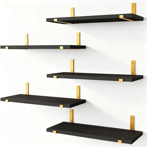5 Pack Black Floating Shelves with Gold Brackets, Paulownia Wood Wall Mounted Shelves, 15.85" Rustic Wall Storage Shelf Set for Bedroom Living Room Bathroom Kitchen Office, 43 lbs Capacity