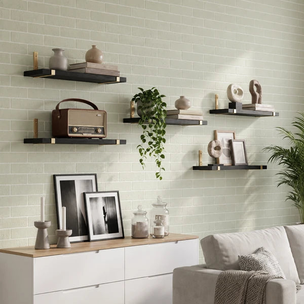 5 Pack Black Floating Shelves with Gold Brackets, Paulownia Wood Wall Mounted Shelves, 15.85" Rustic Wall Storage Shelf Set for Bedroom Living Room Bathroom Kitchen Office, 43 lbs Capacity