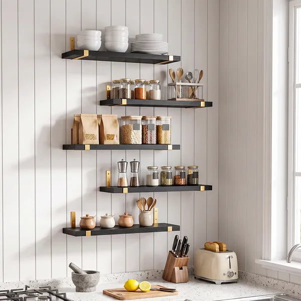 5 Pack Black Floating Shelves with Gold Brackets, Paulownia Wood Wall Mounted Shelves, 15.85" Rustic Wall Storage Shelf Set for Bedroom Living Room Bathroom Kitchen Office, 43 lbs Capacity