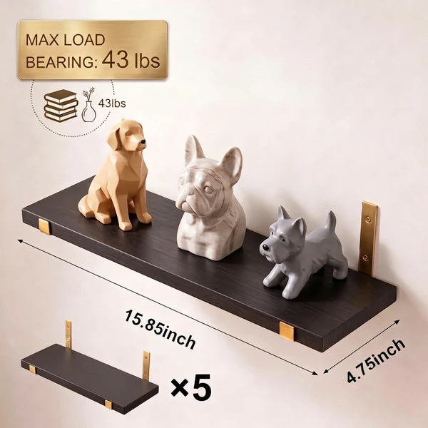 5 Pack Black Floating Shelves with Gold Brackets, Paulownia Wood Wall Mounted Shelves, 15.85" Rustic Wall Storage Shelf Set for Bedroom Living Room Bathroom Kitchen Office, 43 lbs Capacity