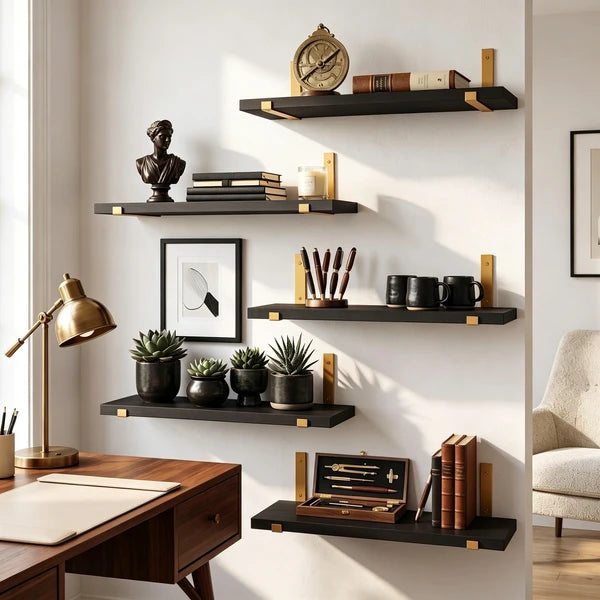 5 Pack Black Floating Shelves with Gold Brackets, Paulownia Wood Wall Mounted Shelves, 15.85" Rustic Wall Storage Shelf Set for Bedroom Living Room Bathroom Kitchen Office, 43 lbs Capacity