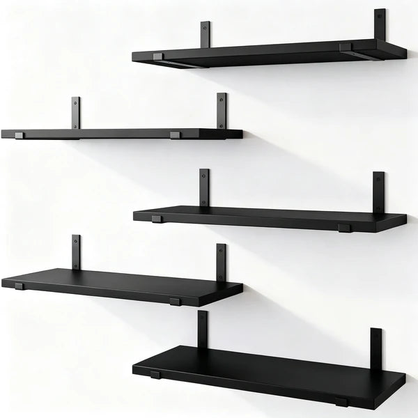 5-Tier Floating Shelves Wall Mounted, Black Wood Wall Shelves Set of 5 Same Size, Rustic Storage Shelf with Metal Brackets for Bedroom, Living Room, Bathroom, Kitchen, Holds up to 43lbs Each