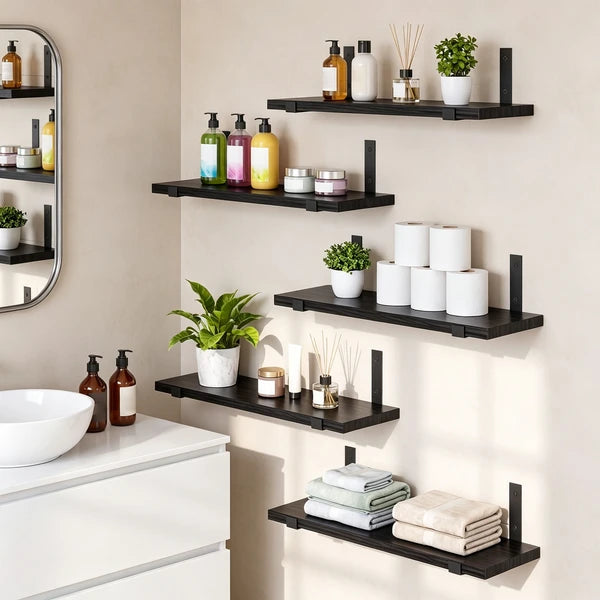 5-Tier Floating Shelves Wall Mounted, Black Wood Wall Shelves Set of 5 Same Size, Rustic Storage Shelf with Metal Brackets for Bedroom, Living Room, Bathroom, Kitchen, Holds up to 43lbs Each