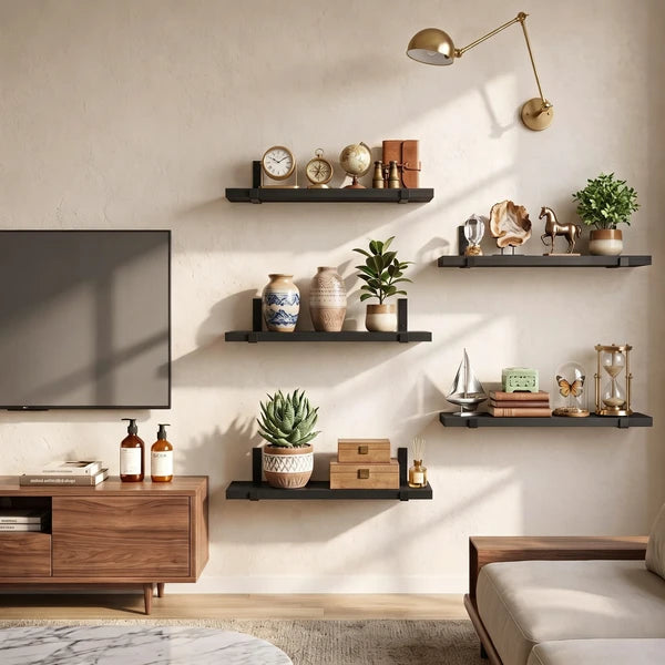 5-Tier Floating Shelves Wall Mounted, Black Wood Wall Shelves Set of 5 Same Size, Rustic Storage Shelf with Metal Brackets for Bedroom, Living Room, Bathroom, Kitchen, Holds up to 43lbs Each