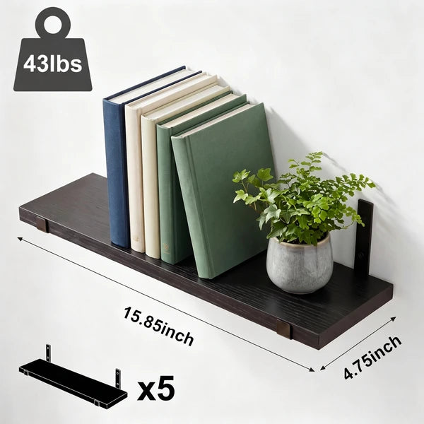 5-Tier Floating Shelves Wall Mounted, Black Wood Wall Shelves Set of 5 Same Size, Rustic Storage Shelf with Metal Brackets for Bedroom, Living Room, Bathroom, Kitchen, Holds up to 43lbs Each