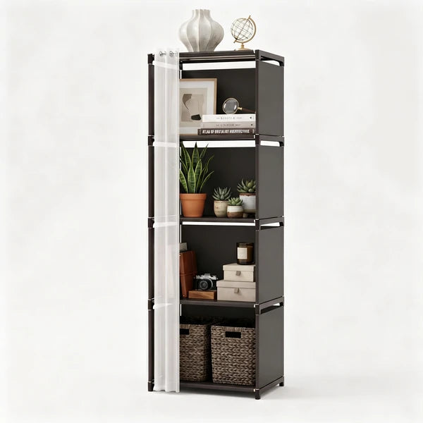5 Tier Storage Cabinet Closet with Curtain, Silver Metal Pipe Shelf Rack with Black Fabric Panels and PEVA Curtain, Freestanding Storage Organizer for Bedroom, Closet, Living Room