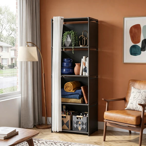 5 Tier Storage Cabinet Closet with Curtain, Silver Metal Pipe Shelf Rack with Black Fabric Panels and PEVA Curtain, Freestanding Storage Organizer for Bedroom, Closet, Living Room