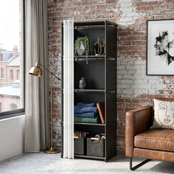 5 Tier Storage Cabinet Closet with Curtain, Silver Metal Pipe Shelf Rack with Black Fabric Panels and PEVA Curtain, Freestanding Storage Organizer for Bedroom, Closet, Living Room