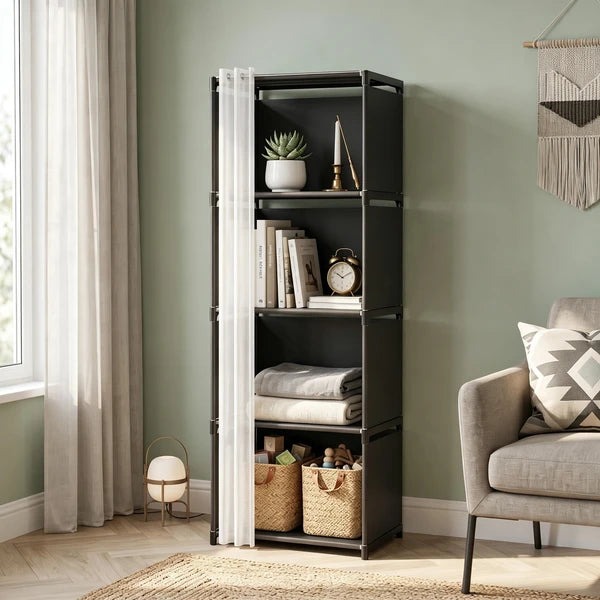 5 Tier Storage Cabinet Closet with Curtain, Silver Metal Pipe Shelf Rack with Black Fabric Panels and PEVA Curtain, Freestanding Storage Organizer for Bedroom, Closet, Living Room