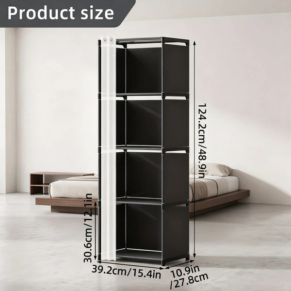 5 Tier Storage Cabinet Closet with Curtain, Silver Metal Pipe Shelf Rack with Black Fabric Panels and PEVA Curtain, Freestanding Storage Organizer for Bedroom, Closet, Living Room