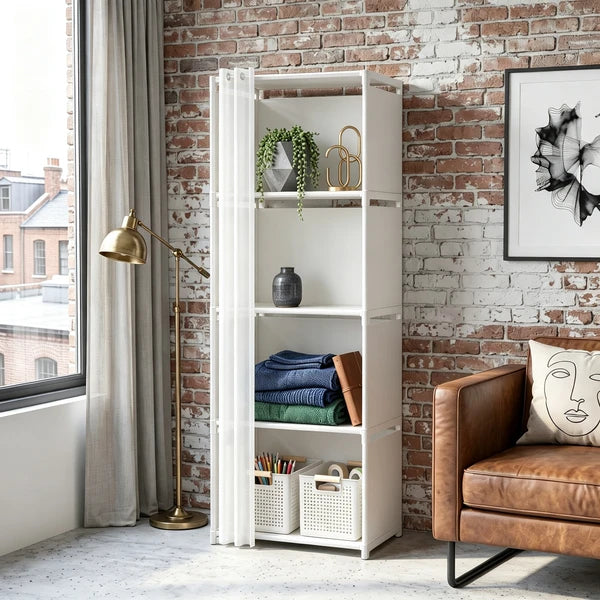 5 Tier Storage Cabinet Closet with Curtain, Silver Metal Pipe Shelf Rack with White Fabric Panels and PEVA Curtain, Freestanding Storage Organizer for Bedroom, Closet, Living Room