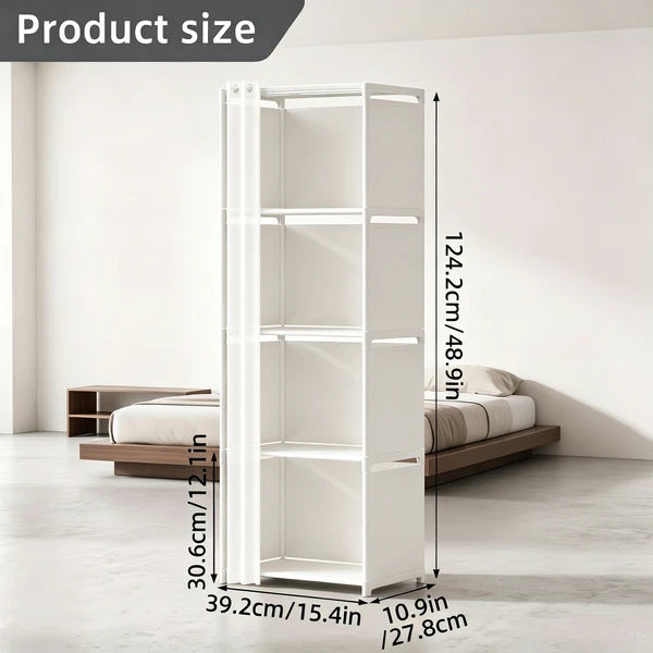 5 Tier Storage Cabinet Closet with Curtain, Silver Metal Pipe Shelf Rack with White Fabric Panels and PEVA Curtain, Freestanding Storage Organizer for Bedroom, Closet, Living Room