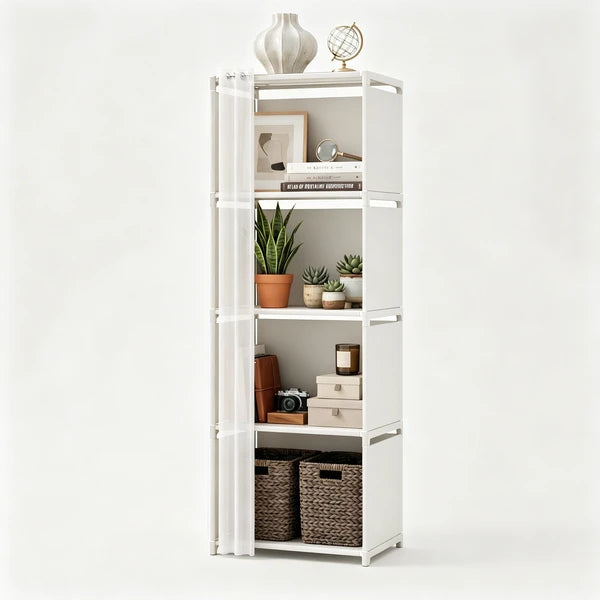 5 Tier Storage Cabinet Closet with Curtain, Silver Metal Pipe Shelf Rack with White Fabric Panels and PEVA Curtain, Freestanding Storage Organizer for Bedroom, Closet, Living Room