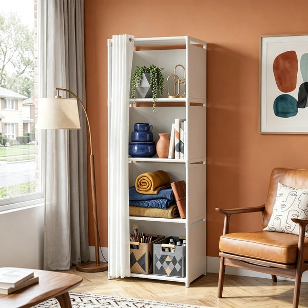 5 Tier Storage Cabinet Closet with Curtain, Silver Metal Pipe Shelf Rack with White Fabric Panels and PEVA Curtain, Freestanding Storage Organizer for Bedroom, Closet, Living Room