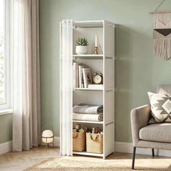 5 Tier Storage Cabinet Closet with Curtain, Silver Metal Pipe Shelf Rack with White Fabric Panels and PEVA Curtain, Freestanding Storage Organizer for Bedroom, Closet, Living Room