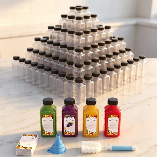 56pcs 8 Ounce Clear PET Plastic Bottles with Tamper-Evident Caps, Food Grade Reusable Drink Storage Containers for Juicing, Smoothies, Iced Tea, Milk and Daily Beverages