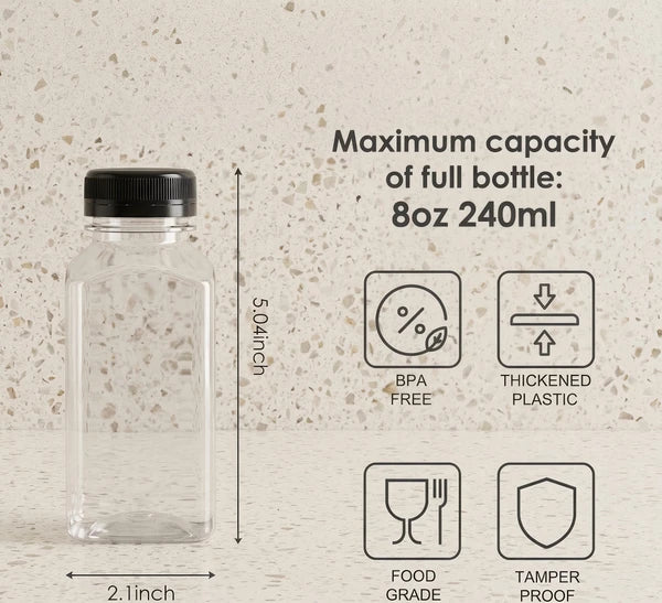 56pcs 8 Ounce Clear PET Plastic Bottles with Tamper-Evident Caps, Food Grade Reusable Drink Storage Containers for Juicing, Smoothies, Iced Tea, Milk and Daily Beverages
