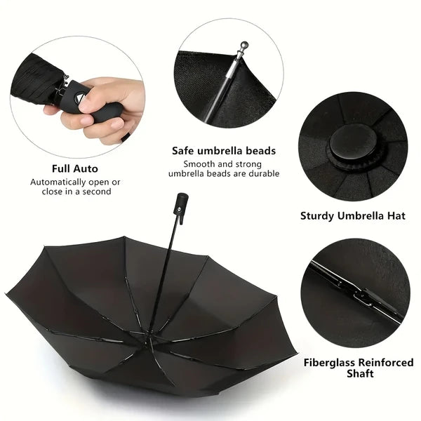8 Ribs Automatic Windproof Folding Umbrella, One Hand Open Close, Premium Business Umbrella for Men, Fashion Sun Umbrella for Women