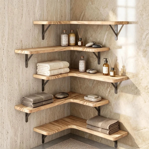 Corner Floating Shelves Set of 5, Matte Wood Finish Corner Wall Shelves with Triangle Iron Brackets, Rustic Wood Display Shelf for Bedroom, Bathroom, Living Room, Kitchen