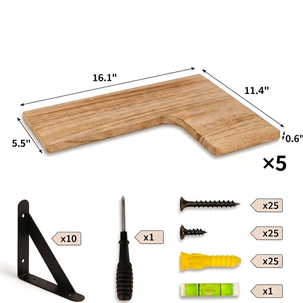 Corner Floating Shelves Set of 5, Matte Wood Finish Corner Wall Shelves with Triangle Iron Brackets, Rustic Wood Display Shelf for Bedroom, Bathroom, Living Room, Kitchen