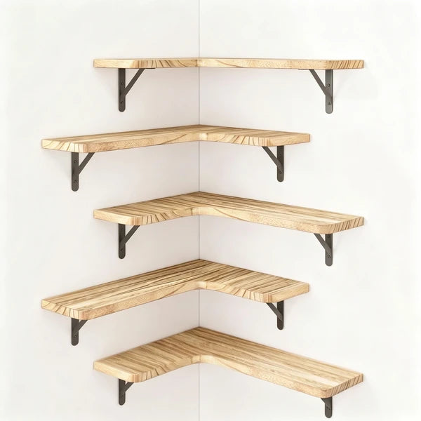 Corner Floating Shelves Set of 5, Matte Wood Finish Corner Wall Shelves with Triangle Iron Brackets, Rustic Wood Display Shelf for Bedroom, Bathroom, Living Room, Kitchen