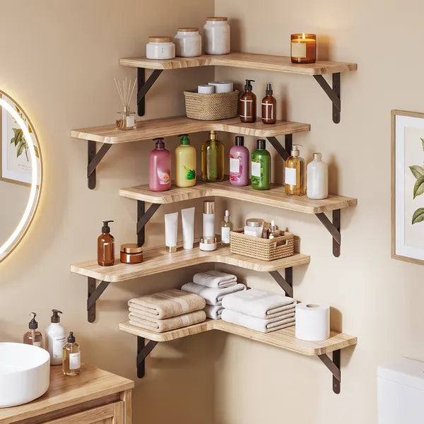 Corner Floating Shelves Set of 5, Matte Wood Finish Corner Wall Shelves with Triangle Iron Brackets, Rustic Wood Display Shelf for Bedroom, Bathroom, Living Room, Kitchen