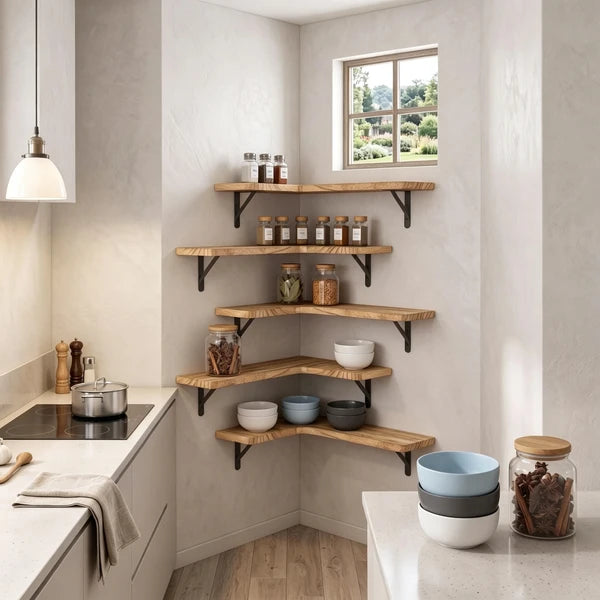 Corner Floating Shelves Set of 5, Matte Wood Finish Corner Wall Shelves with Triangle Iron Brackets, Rustic Wood Display Shelf for Bedroom, Bathroom, Living Room, Kitchen