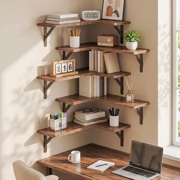 Corner Floating Shelves Set of 5, Rustic Wood Wall Shelves with Triangle Brackets, L-Shaped Corner Shelf for Bedroom Living Room Bathroom, Espresso Brown, 16.1 x 11.4 Inch