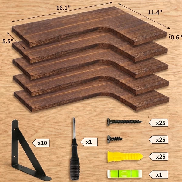 Corner Floating Shelves Set of 5, Rustic Wood Wall Shelves with Triangle Brackets, L-Shaped Corner Shelf for Bedroom Living Room Bathroom, Espresso Brown, 16.1 x 11.4 Inch