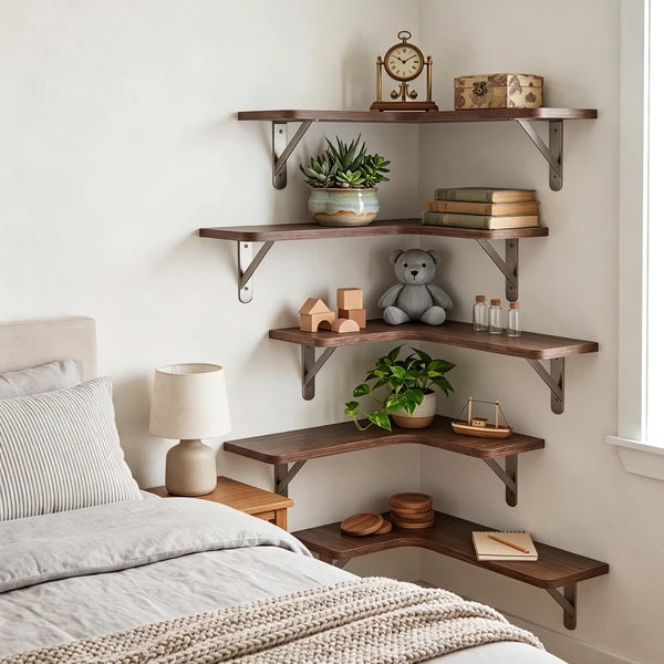 Corner Floating Shelves Set of 5, Rustic Wood Wall Shelves with Triangle Brackets, L-Shaped Corner Shelf for Bedroom Living Room Bathroom, Espresso Brown, 16.1 x 11.4 Inch